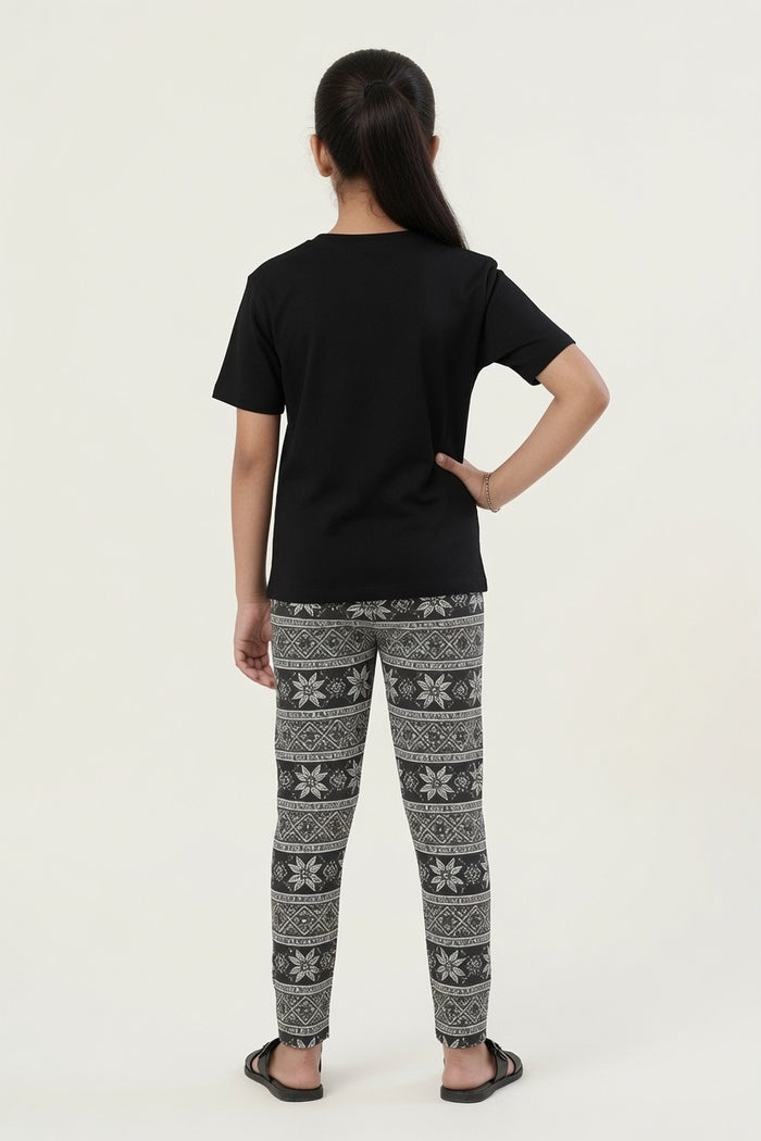 Girls Premium Black Bird Printed T-Shirt & Black White Printed Trouser Set