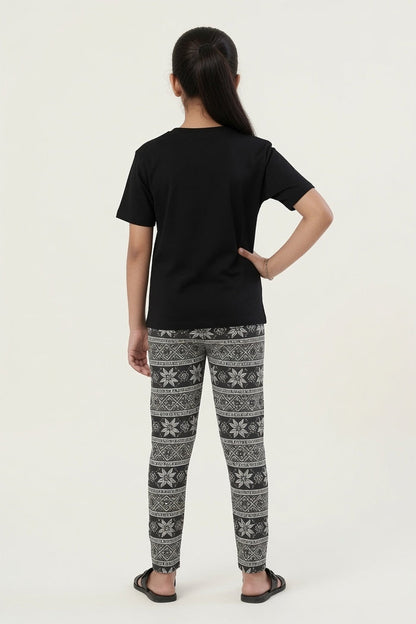Girls Premium Black Bird Printed T-Shirt & Black White Printed Trouser Set