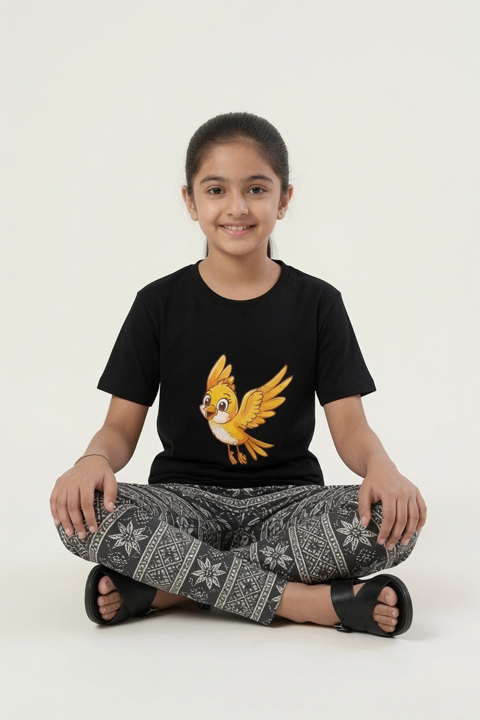 Girls Premium Black Bird Printed T-Shirt & Black White Printed Trouser Set