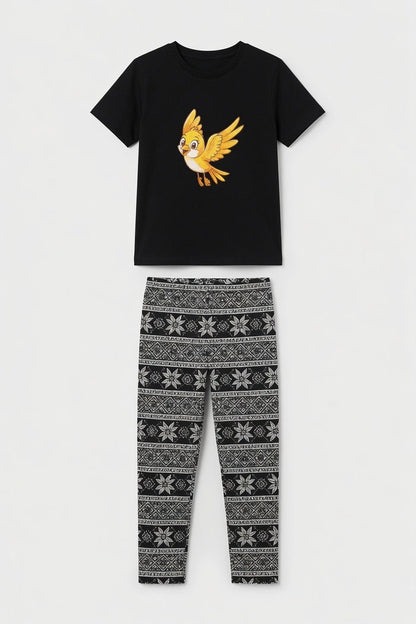 Girls Premium Black Bird Printed T-Shirt & Black White Printed Trouser Set