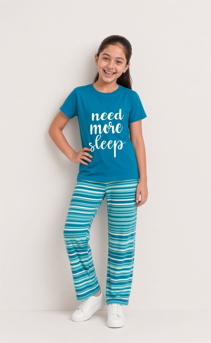 Girls Premium Teal Blue Printed T-Shirt And Striped Pajama Set