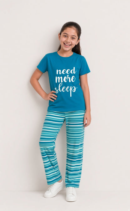 Girls Premium Teal Blue Printed T-Shirt And Striped Pajama Set