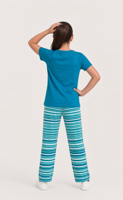 Girls Premium Teal Blue Printed T-Shirt And Striped Pajama Set