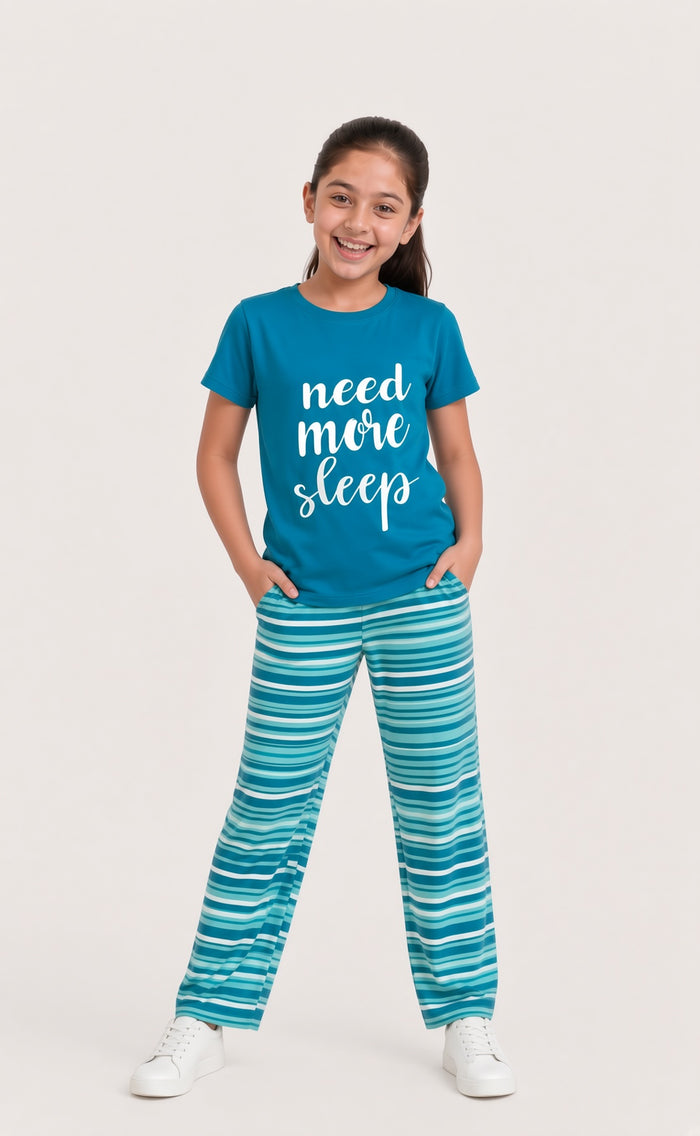 Girls Premium Teal Blue Printed T-Shirt And Striped Pajama Set