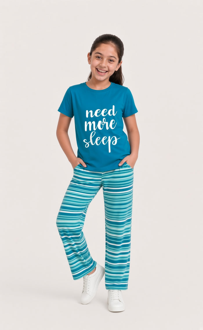 Girls Premium Teal Blue Printed T-Shirt And Striped Pajama Set