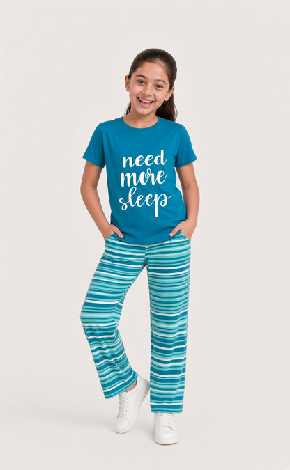 Girls Premium Teal Blue Printed T-Shirt And Striped Pajama Set