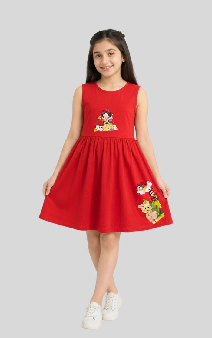 Girls Red Cartoon Jersey Cotton Sleeveless Frock