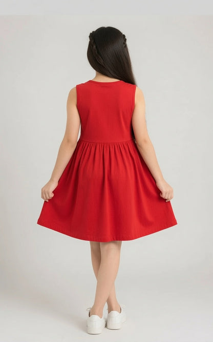 Girls Red Cartoon Jersey Cotton Sleeveless Frock