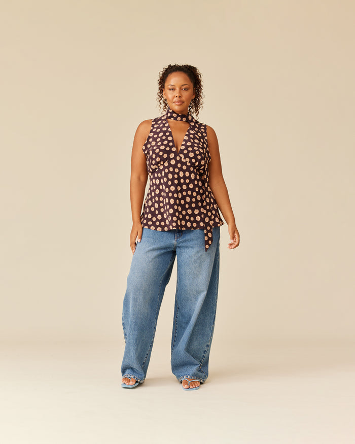 GLORIA SLEEVELESS TOP BROWN DITZY