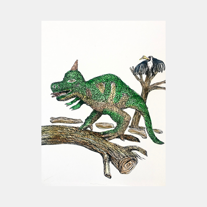 The artwork 'Gorgasaurus' by Andrew Chan features a detailed ink and watercolor illustration of a green dinosaur with textured scales traversing a fallen tree trunk, accompanied by a perched black bird. The piece combines precise linework with vibrant watercolor techniques, showcasing the prehistoric creature's muscular form and distinctive horn-like feature.