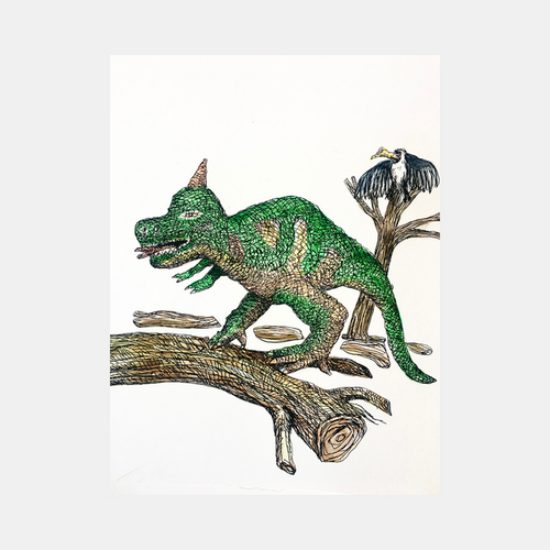 The artwork 'Gorgasaurus' by Andrew Chan features a detailed ink and watercolor illustration of a green dinosaur with textured scales traversing a fallen tree trunk, accompanied by a perched black bird. The piece combines precise linework with vibrant watercolor techniques, showcasing the prehistoric creature's muscular form and distinctive horn-like feature.