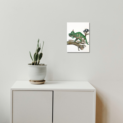 The artwork 'Gorgasaurus' by Andrew Chan features a vibrant green dinosaur perched on a brown tree branch, rendered in ink and watercolor. The illustration showcases detailed scales and textures, bringing the prehistoric creature to life with masterful brush strokes against a clean white background. The piece measures 12 inches high by 9 inches wide.