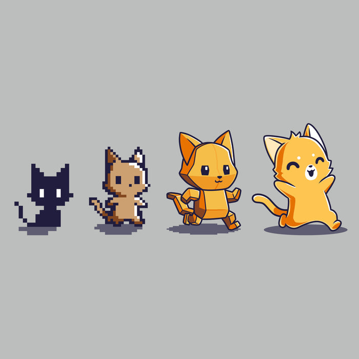 Premium Cotton T-shirt_TeeTurtle Graphics Evolution Silver Gray t-shirt featuring a sequence of four pixel art-style cats showing evolutionary stages.