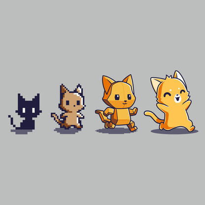 Premium Cotton T-shirt_TeeTurtle Graphics Evolution Silver Gray t-shirt featuring a sequence of four pixel art-style cats showing evolutionary stages.