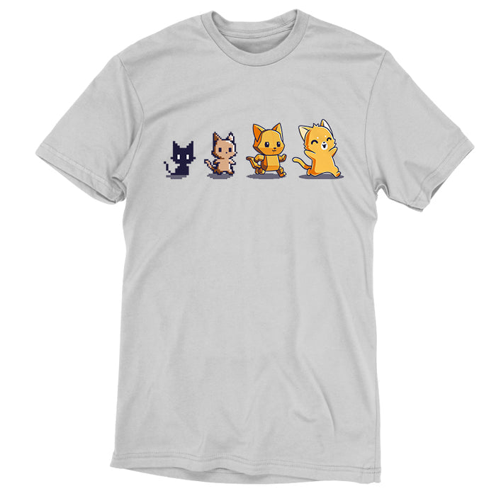 Premium Cotton T-shirt_TeeTurtle Graphics Evolution Silver Gray t-shirt featuring a sequence of four pixel art-style cats showing evolutionary stages.