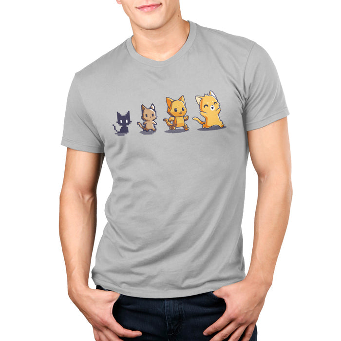 Premium Cotton T-shirt_TeeTurtle Graphics Evolution Silver Gray t-shirt featuring a sequence of four pixel art-style cats showing evolutionary stages.