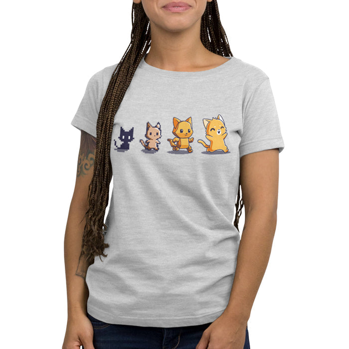 Premium Cotton T-shirt_TeeTurtle Graphics Evolution Silver Gray t-shirt featuring a sequence of four pixel art-style cats showing evolutionary stages.