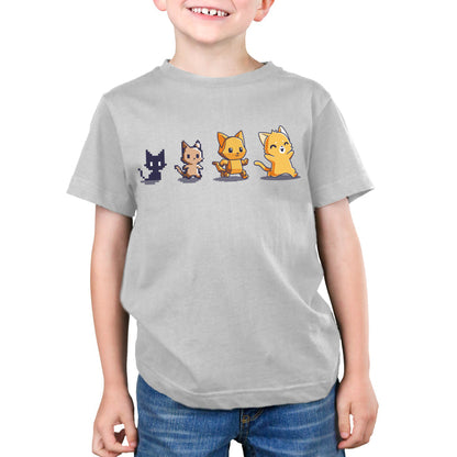 Premium Cotton T-shirt - A child wearing a silver gray apparel with pixel art images of four cats in different colors and poses, made from super soft ringspun cotton by monsterdigital, called Graphics Evolution.