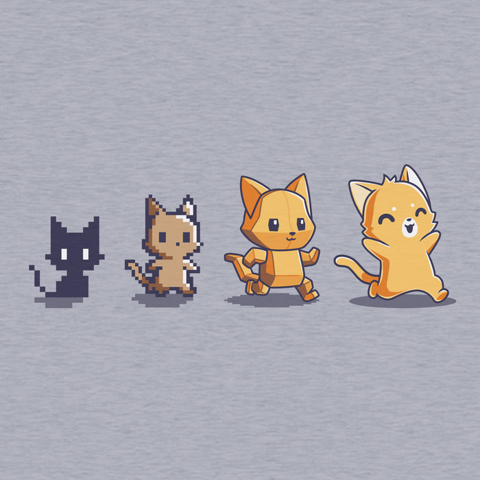 Classic Cotton T-shirt_TeeTurtle Graphics Evolution Heather Gray t-shirt featuring a sequence of four pixel art-style cats showing evolutionary stages.