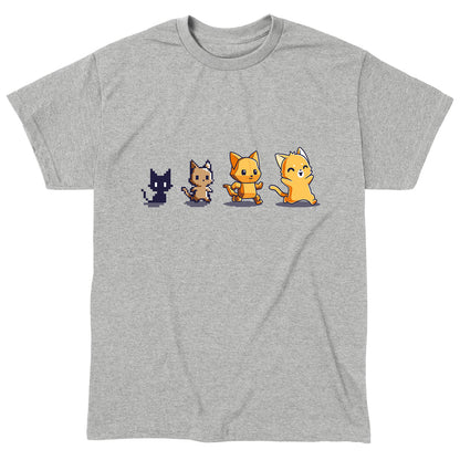 Classic Cotton T-shirt_TeeTurtle Graphics Evolution Heather Gray t-shirt featuring a sequence of four pixel art-style cats showing evolutionary stages.