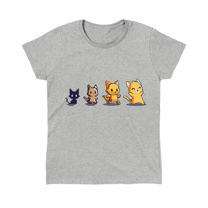 Classic Cotton T-shirt_TeeTurtle Graphics Evolution Heather Gray t-shirt featuring a sequence of four pixel art-style cats showing evolutionary stages.