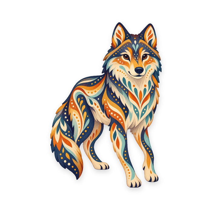 Gray Wolf folk art ornament O250 on white, laser-cut maple wood, made in USA