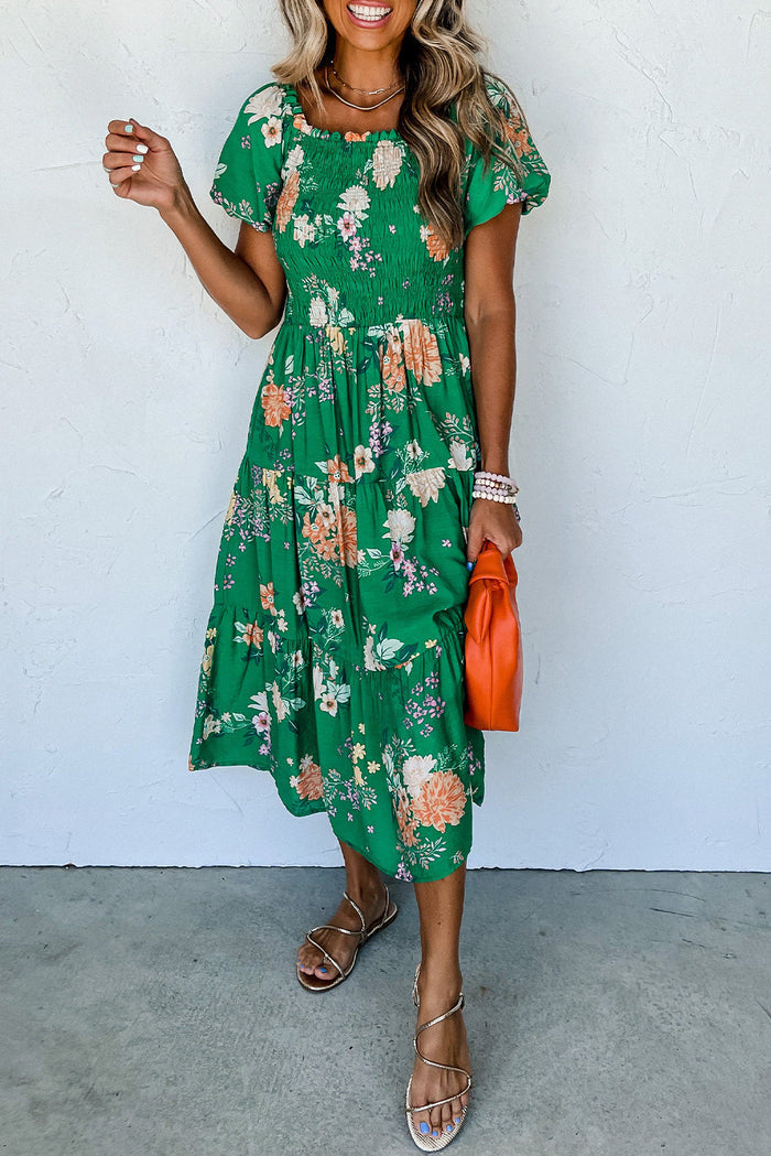 Green Floral Print Bubble Sleeve Smocked Tiered Midi Dress - GREEN / S / 100% VISCOSE - Dresses/Midi Dresses