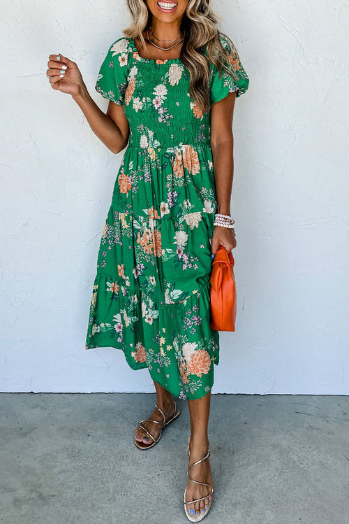 Green Floral Print Bubble Sleeve Smocked Tiered Midi Dress - GREEN / S / 100% VISCOSE - Dresses/Midi Dresses