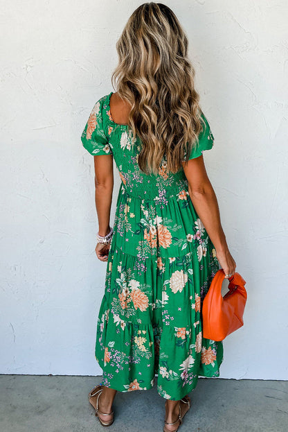 Green Floral Print Bubble Sleeve Smocked Tiered Midi Dress - Dresses/Midi Dresses