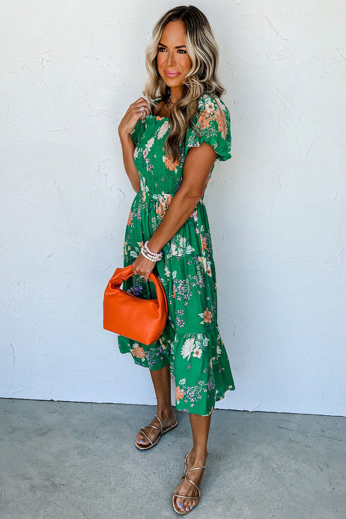 Green Floral Print Bubble Sleeve Smocked Tiered Midi Dress - Dresses/Midi Dresses