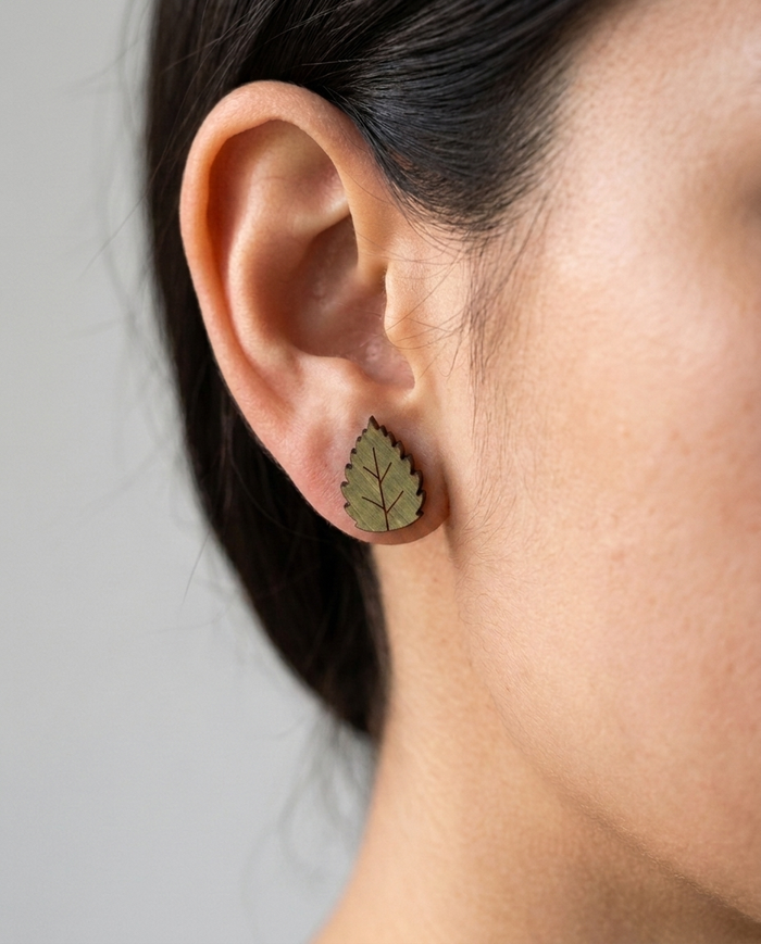 Green Leaf Stud Earrings #3088 shown on model