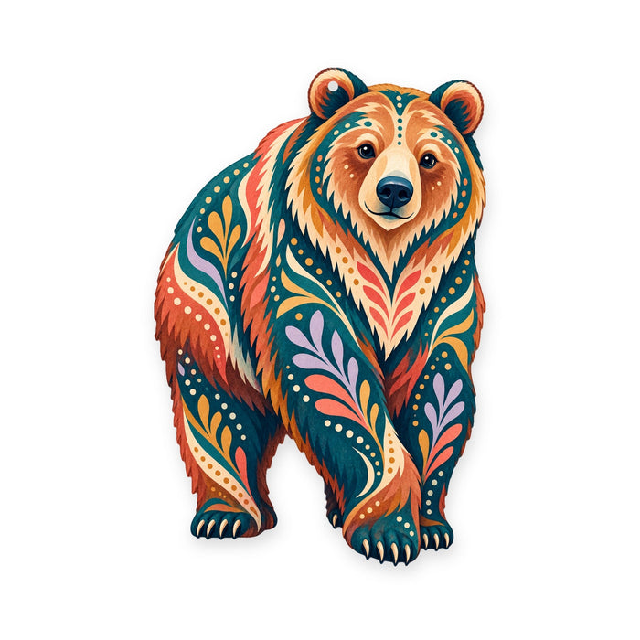 Grizzly Bear folk art ornament O247 on white, laser-cut maple wood, made in USA