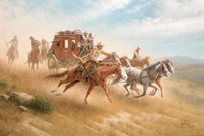 Guarding the Gold Stagecoach Western Art Prints by Jack Terry