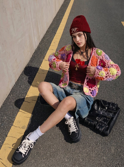 Handcrafted Floral Granny Square Crochet Vest — Pink