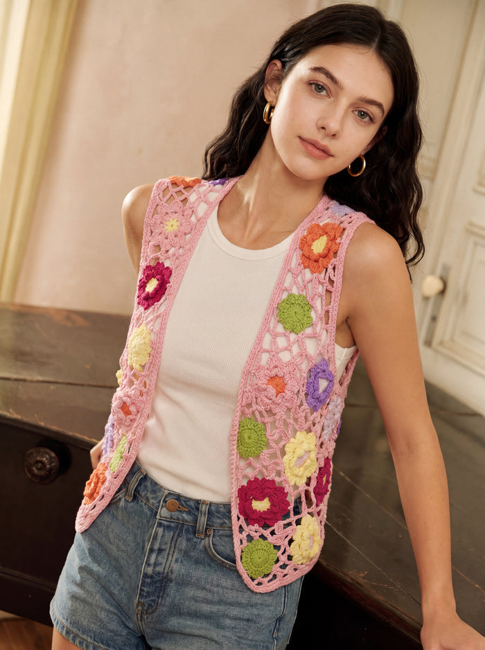Handcrafted Floral Granny Square Crochet Vest — Pink