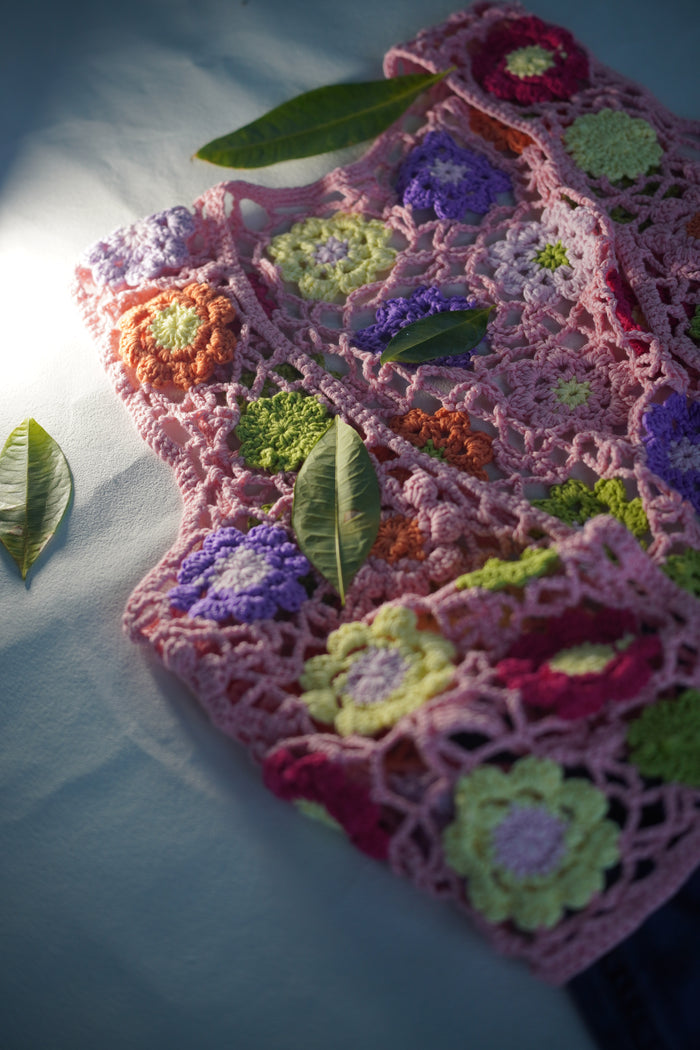 Handcrafted Floral Granny Square Crochet Vest — Pink