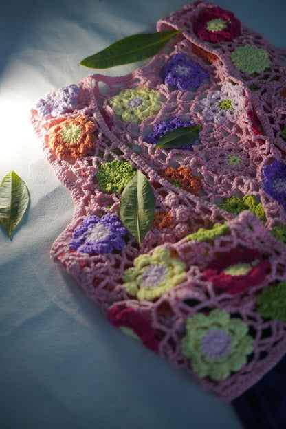 Handcrafted Floral Granny Square Crochet Vest — Pink