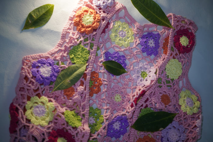 Handcrafted Floral Granny Square Crochet Vest — Pink