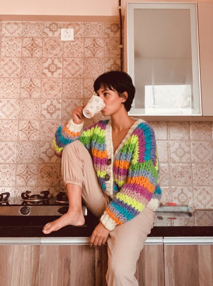 Handcrafted Rainbow Stripe Chunky Knit Cardigan — Neon Multicolor