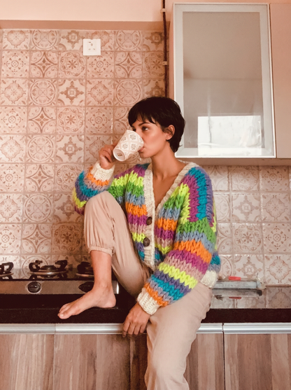 Handcrafted Rainbow Stripe Chunky Knit Cardigan — Neon Multicolor