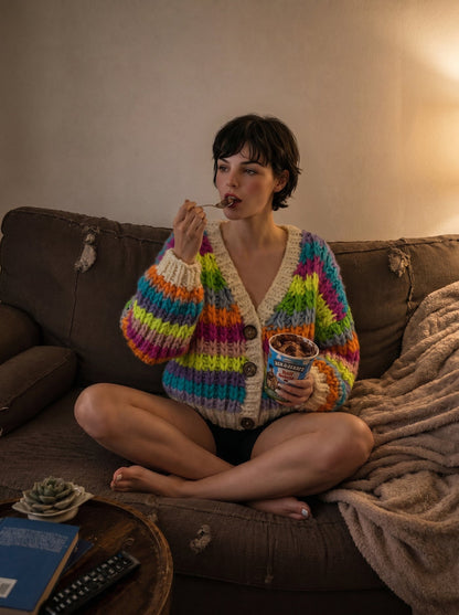 Handcrafted Rainbow Stripe Chunky Knit Cardigan — Neon Multicolor