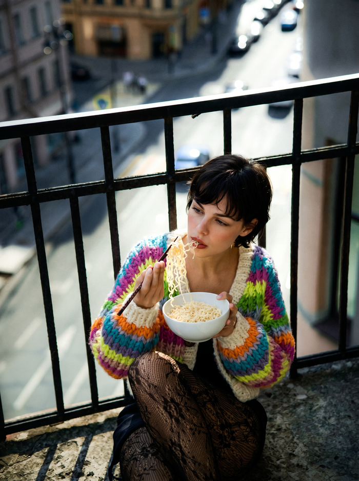 Handcrafted Rainbow Stripe Chunky Knit Cardigan — Neon Multicolor