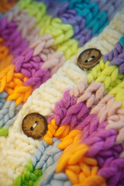Handcrafted Rainbow Stripe Chunky Knit Cardigan — Neon Multicolor
