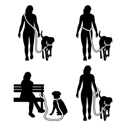 Four black silhouettes illustrate different methods of holding the Sassy Woof Hands-Free Rope Leash - Azul—demonstrating a variety of leash positions and handling techniques, whether walking or sitting with a dog.