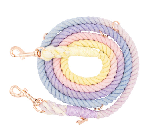 The Sassy Woof Hands-Free Rope Leash - Caroline is a hand-crafted dog leash with a coiled rope design in pastel shades of lavender, blue, pink, and yellow, featuring rose gold metal clips at both ends.