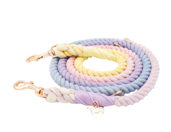 The Hands-Free Rope Leash - Caroline by Sassy Woof is a pastel-colored, hand-crafted dog leash featuring rose gold clips and a small dog-shaped charm near one end. Coiled neatly, this rope leash showcases soft shades of pink, yellow, blue, and purple.