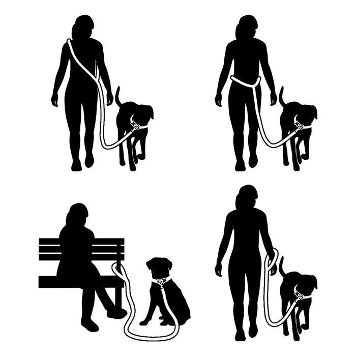 Four black silhouettes demonstrate the versatility of the Sassy Woof Hands-Free Rope Leash - Noir: worn over the shoulder, secured around the waist, fastened to a bench, and held by hand during a walk.