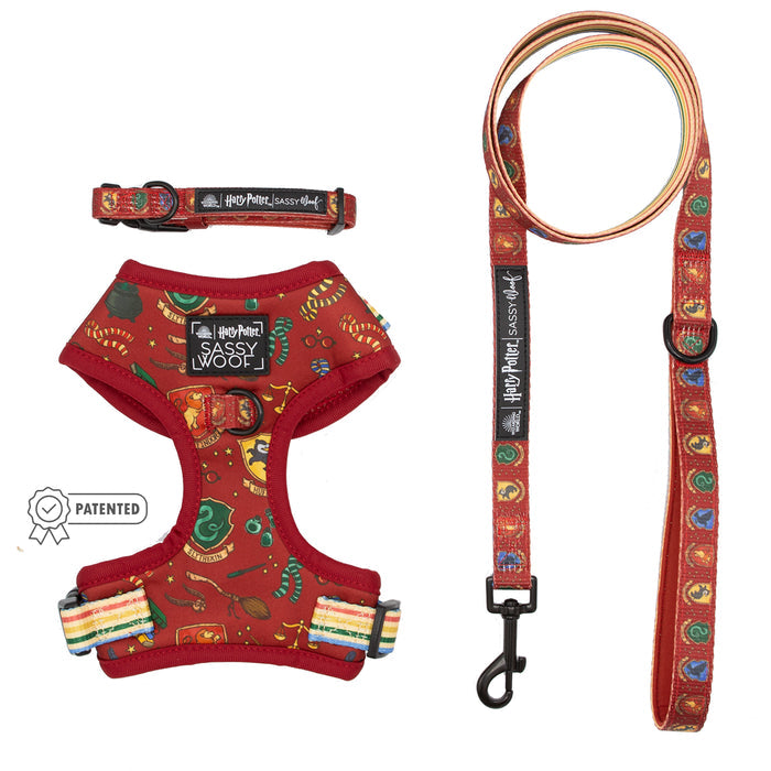 The Sassy Woof Harness Three Piece Bundle - Harry Potter™ features a red harness, collar, and leash with magical designs on a white background, plus the Puppy Growth Pawtection Plan for your pup’s adventures.