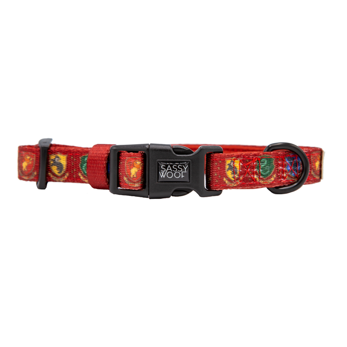 A red dog collar with a colorful Marvel superhero pattern, black Sassy Woof buckle, and black metal D-ring—complete your pup’s fandom style by pairing it with the Sassy Woof Harness Three Piece Bundle - Harry Potter™.