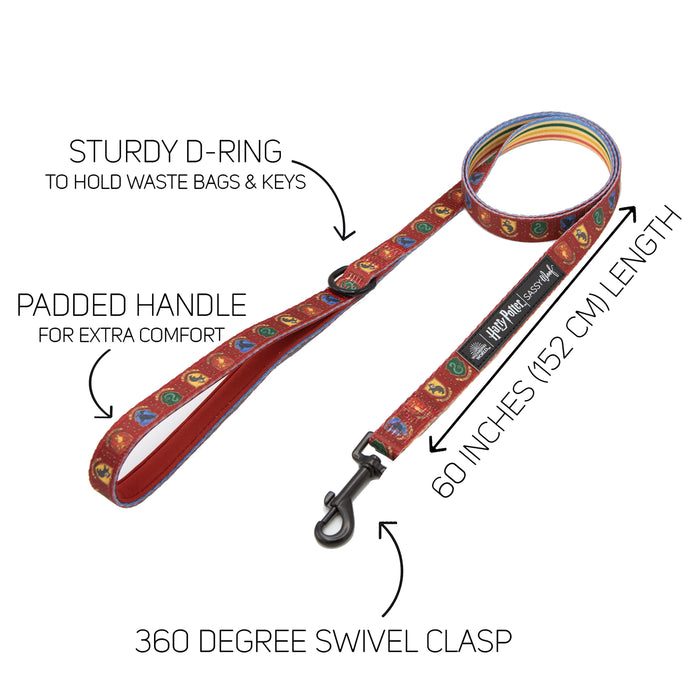 The Harness Three Piece Bundle - Harry Potter™ by Sassy Woof includes a red leash with colorful designs, sturdy D-ring, padded handle, 60-inch (152 cm) length, and 360° swivel clasp—perfect to match your Harry Potter dog collar. Labels highlight each feature.